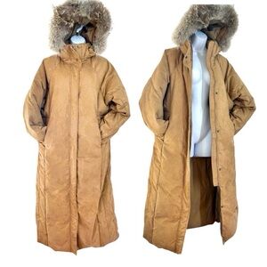 Cabela's Women's Goode Down Microsuede Puffer Long Coat M Coyote Fur Hood